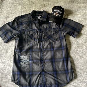 Harley Davidson Blue Gray Plaid Button Down Short Sleeve & Hat